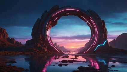 Poster - Futuristic 3D rendering with neon portal, sunset, and rocky landscape reflection, high contrast