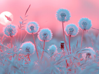 Wall Mural - a field with pink tall, flowering dandelion plants, taken during sunset