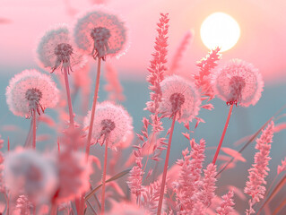 Wall Mural - a field with pink tall, flowering dandelion plants, taken during sunset