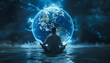 © NADEZHDA - Meditation man sits in lotus position against the background of space and holds planet earth in his hands. Meditation in space.