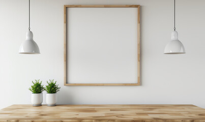 Minimalist wooden frame mockup with two wall lamps and potted pl