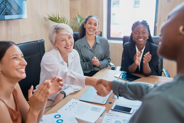 Sticker - Business, women and handshake in office for congratulations on project achievement. People, employees and boardroom on meeting with clapping hands or paperwork for well done, success and happy