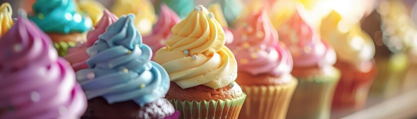 a beautiful array of colorful cupcakes with swirled frosting, perfect for any celebration or sweet t