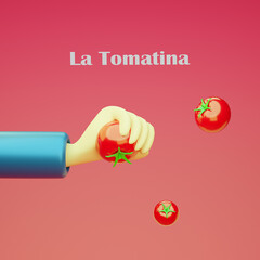 Wall Mural - La Tomatina Festival, Background for Poster or Banner with Tomatoes. Annual Summer Traditional Spanish Holidays, Celebration of Harvest. Cartoon 3d render Illustration.