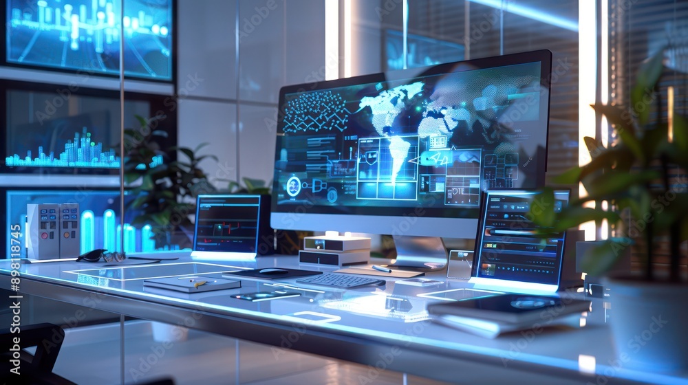 futuristic home office setup with holographic displays and AI ...