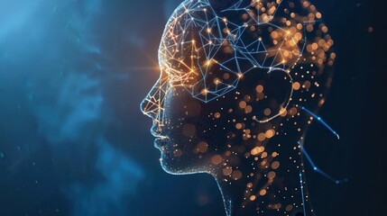 Leinwandbilder - A digital rendering of a human head constructed of lines and glowing dots against a dark blue background. Generative AI