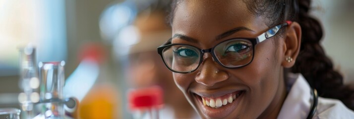 Close-up of a young female scientist smiling confidently in a laboratory setting while conducting experiments.