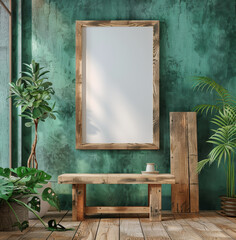 Rustic wooden frame mockup in a room with green textured walls a