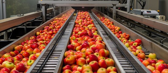 Apples on conveyor belt in modern food processing factory. Industrial production line for sorting and grading fruits.