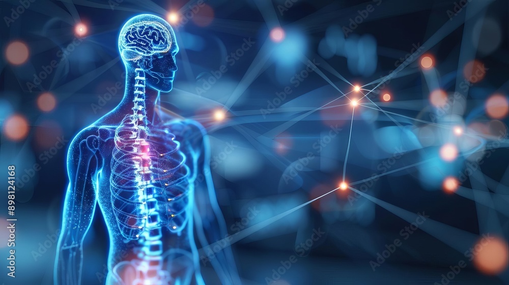 A digital representation of the human body highlighting the spine and ...
