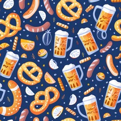 Wall Mural - Beer mugs, pretzels, and sausages pattern on dark blue background