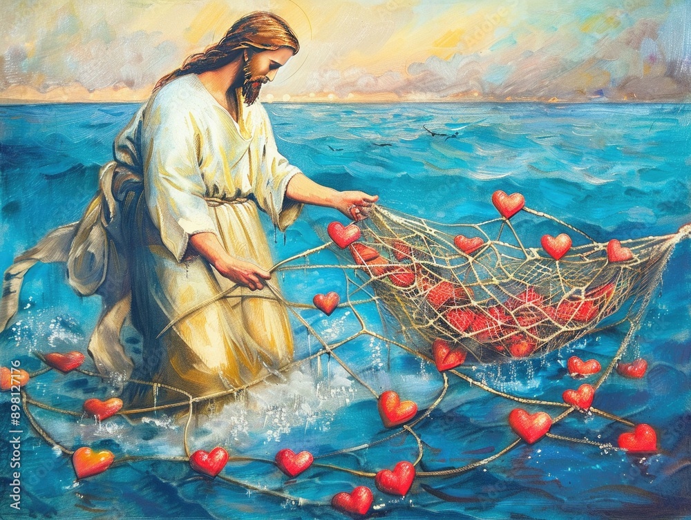 Jesus casting a net of hearts into the sea Stock Illustration | Adobe Stock
