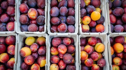 Wall Mural - Plums in boxes on a store counter. Selective focus.