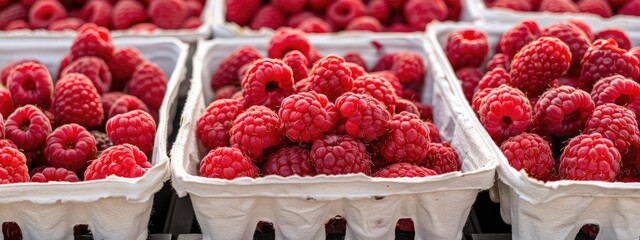 Wall Mural - Raspberries in boxes on the store counter. Selective focus.