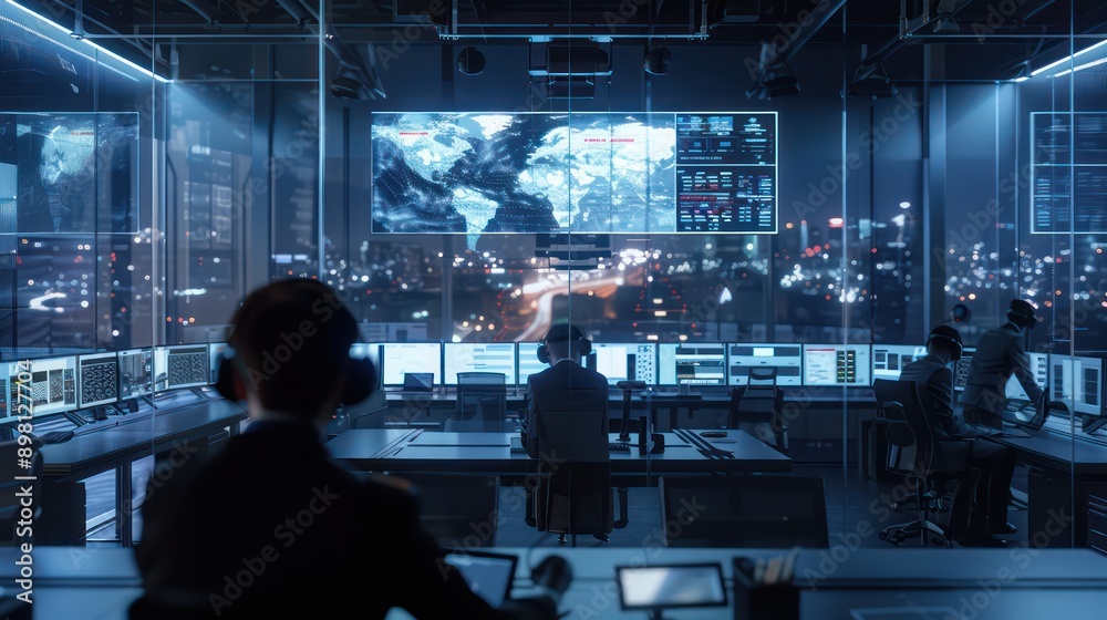 high-resolution security command center where personnel use AI-driven ...