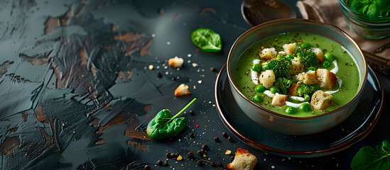 Wall Mural - Copy space image of broccoli soup in a ceramic bowl with cream, bread croutons, on a dark backdrop.