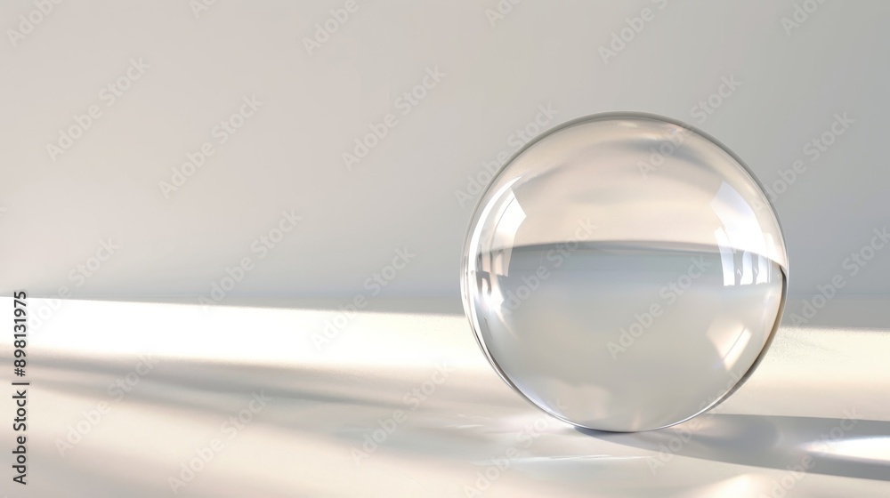 Subtle Distortion A clear glass sphere sits on a white surface, reflecting the light. The ...