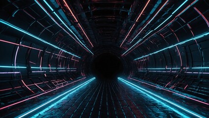 Wall Mural - Futuristic black tunnel with neon wireframe, 3D illustration background wallpaper. High contrast