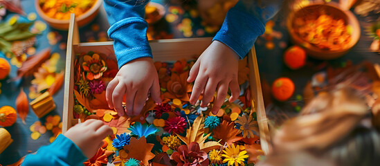 Wall Mural - Capture an aerial shot of a child's hands exploring a sensory box in a Montessori school, showcasing educational resource utilization with room for additional text or images.