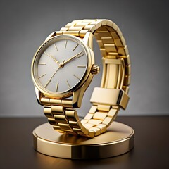 a luxury gold watch with a black dial. a watch on a beautiful stand, on a beautiful lightly lit gray