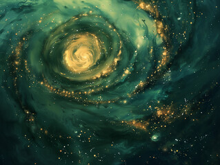 Wall Mural - Rediscover the Pinwheel Galaxy Centered on a Dark Green Background: A Galactic Journey