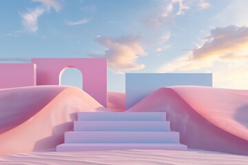 Poster - A pastel-colored surreal landscape showcasing pink steps leading into the horizon against a backdrop of sand dunes. Large arc shapes enhance the dreamlike atmosphere.
