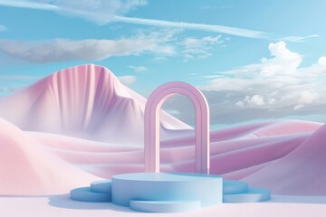 Poster - A serene minimalist landscape featuring a blue platform with layered steps, framed by a pastel-hued arch. The background depicts gentle, rolling, pink-hued hills under a blue sky.