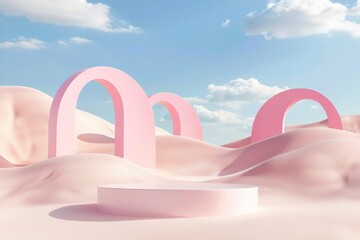 Poster - An awe-inspiring surreal landscape featuring multiple coral-hued arches amidst pastel rolling sands. The composition is airy and imaginative with gentle curves.