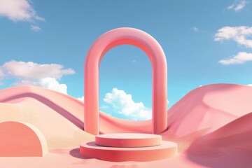 Poster - A vibrant pink archway stands on a raised platform amidst a surreal, pastel desert landscape under a clear blue sky dotted with fluffy white clouds.