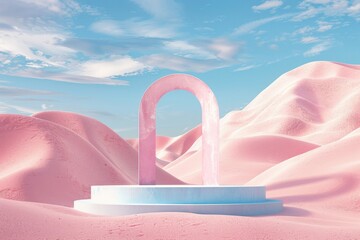 Poster - A solitary pink arch stands on a blue base in a vast pink sand desert under a clear blue sky with scattered white clouds, creating a serene and surreal scene.