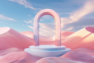 Aufkleber - A single circular arch in pastel colors contrasted against a dreamy desert landscape, with soft pink dunes and a tranquil sky. Perfect for modern, ethereal themes.
