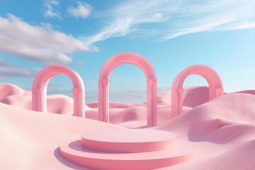 Poster - A surreal image featuring several pink arches set in a futuristic desert landscape with soft dunes and a clear blue sky. Ideal for conceptual and abstract themes.