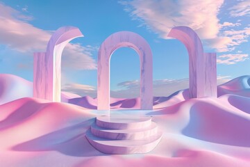 Poster - Marble arches and a set of steps in a dreamy pastel desert setting with gentle pink dunes and a tranquil sky, perfect for modern and artistic themes.