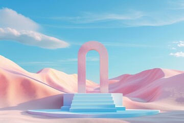 Poster - A grand arch with steps leading up, set in a pastel desert landscape with pink dunes and a serenity-filled sky. Ideal for avant-garde and serene themes.