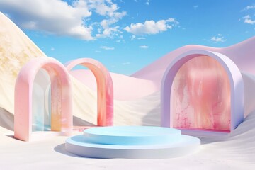 Poster - Colorful arches set in a serene pastel desert landscape featuring smooth pink dunes and a tranquil blue sky, perfect for modern, dreamlike themes.