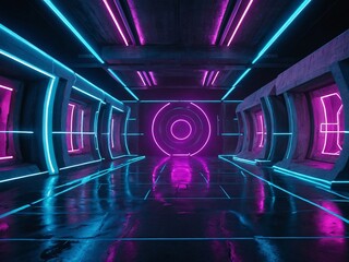 Poster - Futuristic fashion stage with concrete blocks, neon lasers, purple-blue cyber tunnel, 3D