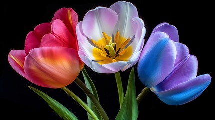 Wall Mural - Three tulips of different colors are standing next to each other. The yellow one is in the middle and the purple one is on the right