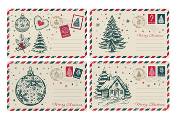 Christmas mail, postcard, hand drawn illustration.	
