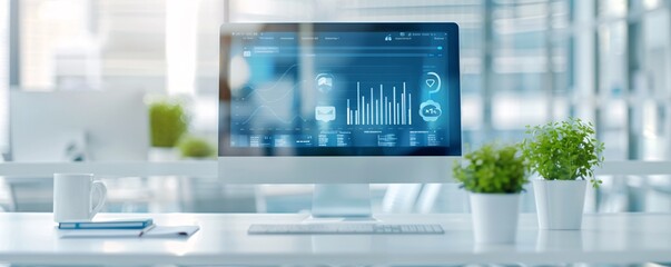 Poster - Business workspace with high-tech analytics dashboard, showing brand awareness