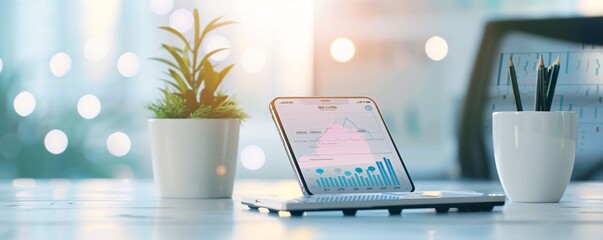 Poster - professional office setup with smartphone displaying social media analytics against a soft backgroun