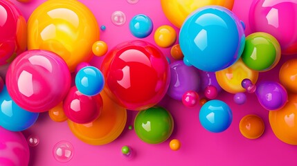 Poster - A colorful array of balls in various sizes and colors. Concept of fun and playfulness, as the balls are scattered all over the pink background