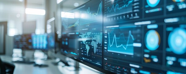 Poster - business workspace with high-tech analytics dashboard on a large screen