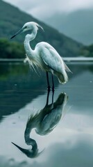 Wall Mural - A white egret stands gracefully in still water, reflecting its beauty