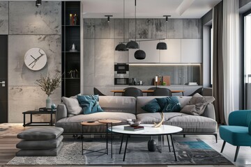 Wall Mural - Interior of modern living room with gray walls, concrete floor, gray sofa with blue armchair and coffee table.