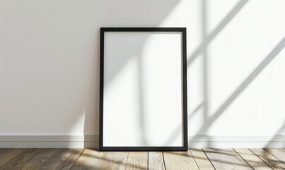 minimalist black frame mockup on textured floor with soft sunlig