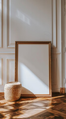 Wall Mural - Ornate golden frame mockup on wooden floor and sunlight on white