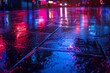 © Charoen - A vibrant urban scene reflecting colorful lights on wet pavement after rain, creating a moody and atmospheric backdrop.
