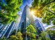 © Sirinporn - Contemporary office tower rises above lush green trees, symbolizing harmony between business growth and environmental sustainability, conveying prosperity and achievement.