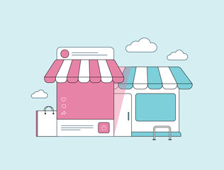 Poster - online shopping vs offline store compares e-commerce convenience and variety with physical retail in