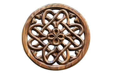 Round brown wooden decorative element with ornament on white background, 